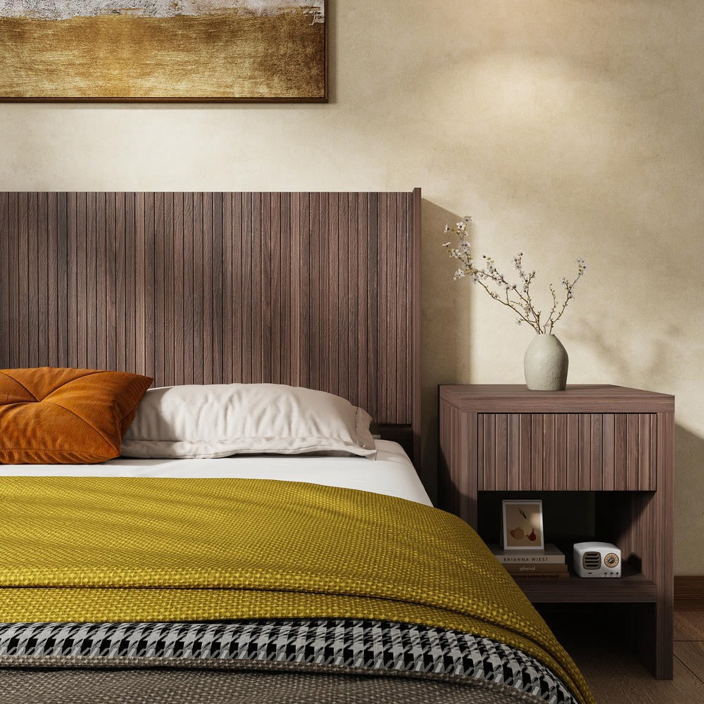 Kadyn Wingback Queen Headboard 64.4 Inch Wide Fluted Wood Panel Modern Farmhouse Boho Style, Wall Mounted Headboard Only, Walnut