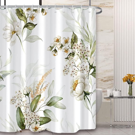 Floral Shower Curtain, White Flower Shower Curtain for Bathroom Watercolor Green Leaves Shower Curtain Waterproof Fabric Bathroom Curtain Set with Hooks, 72x72 Inch