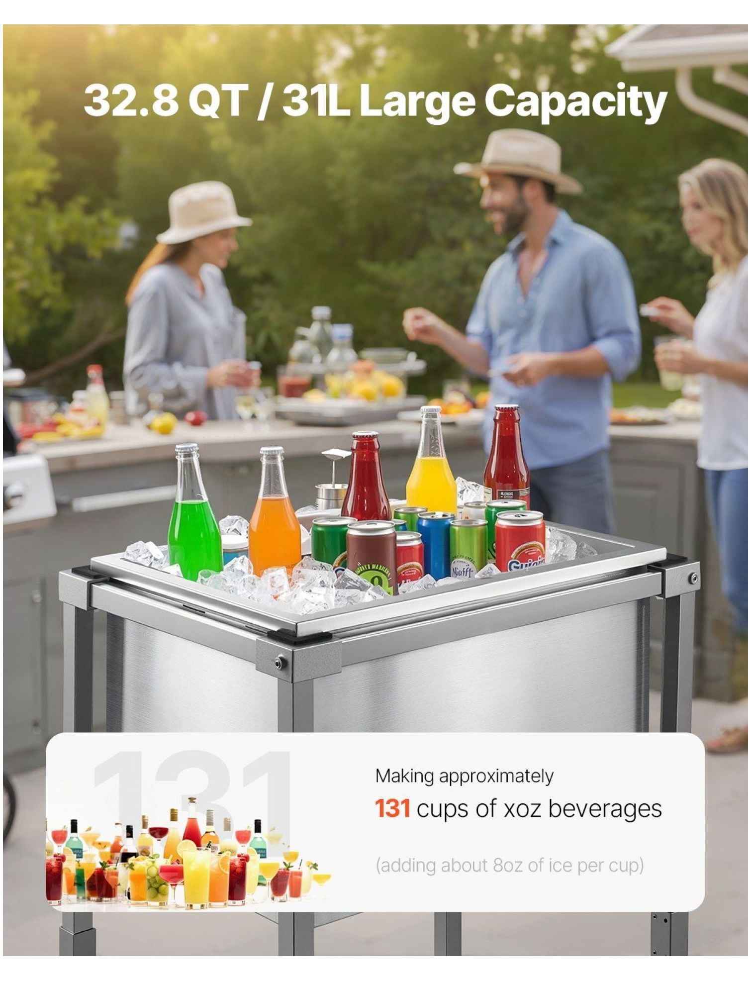 Rolling Ice Chest Cooler Cart, 32.8 Quart Stainless Steel Ice Bin on Wheels, Outdoor Party Cooler Trolley with Shelf, 22x16x38 Inch