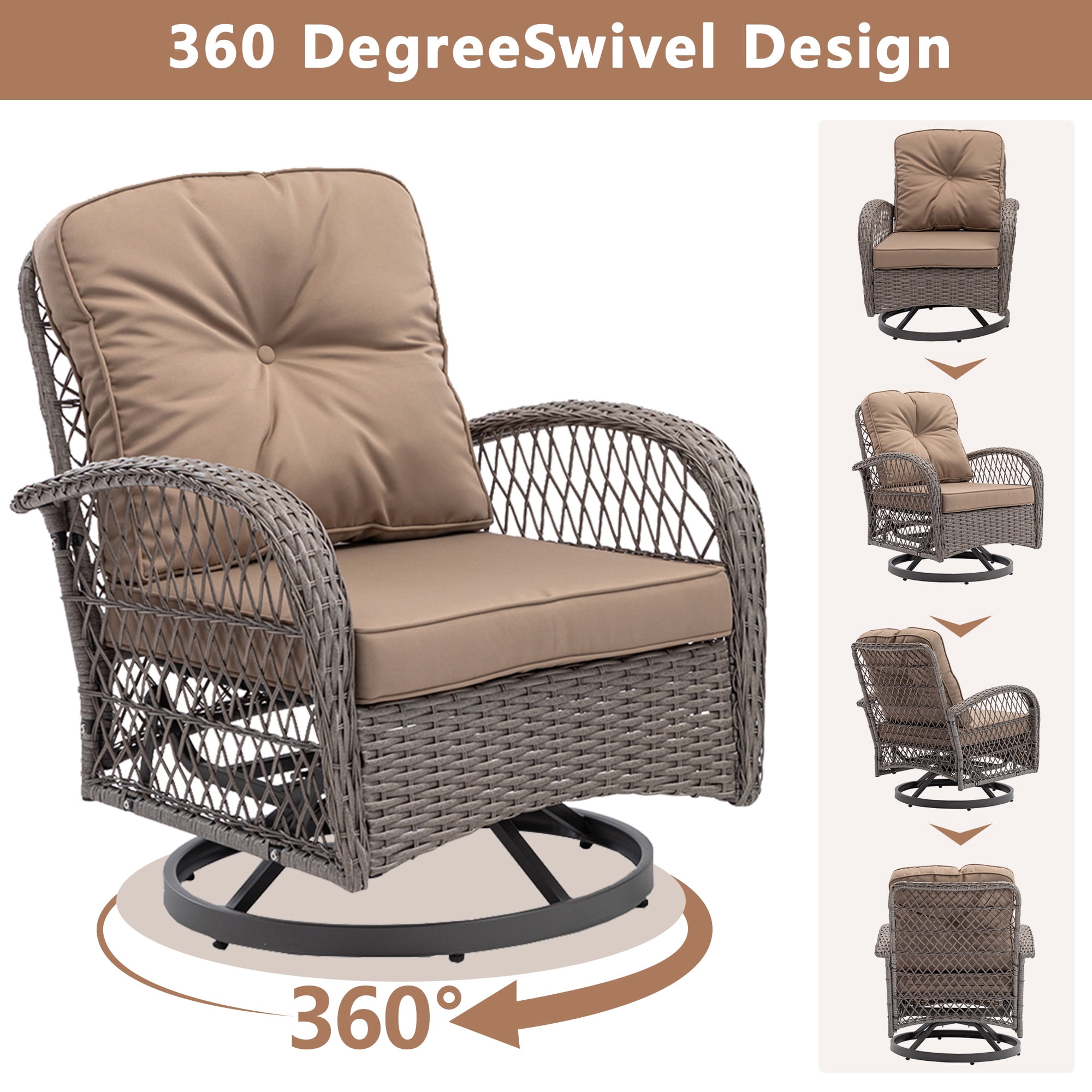 3 Pieces Patio Furniture Set, Outdoor Rattan Swivel Rocker Chairs w/Coffee Table, Wicker Patio Bistro Set for Porch Poolside, Patio Conversation Sets w/Cyan Thickened Cushions