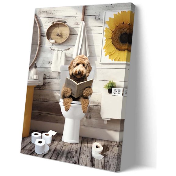 Funny Poodle Dog Poster Dog on Toilet Reading Newspaper Wall Art Bathroom Decorative Picture Prints Horizontal Artwork Painting Canvas Bedroom