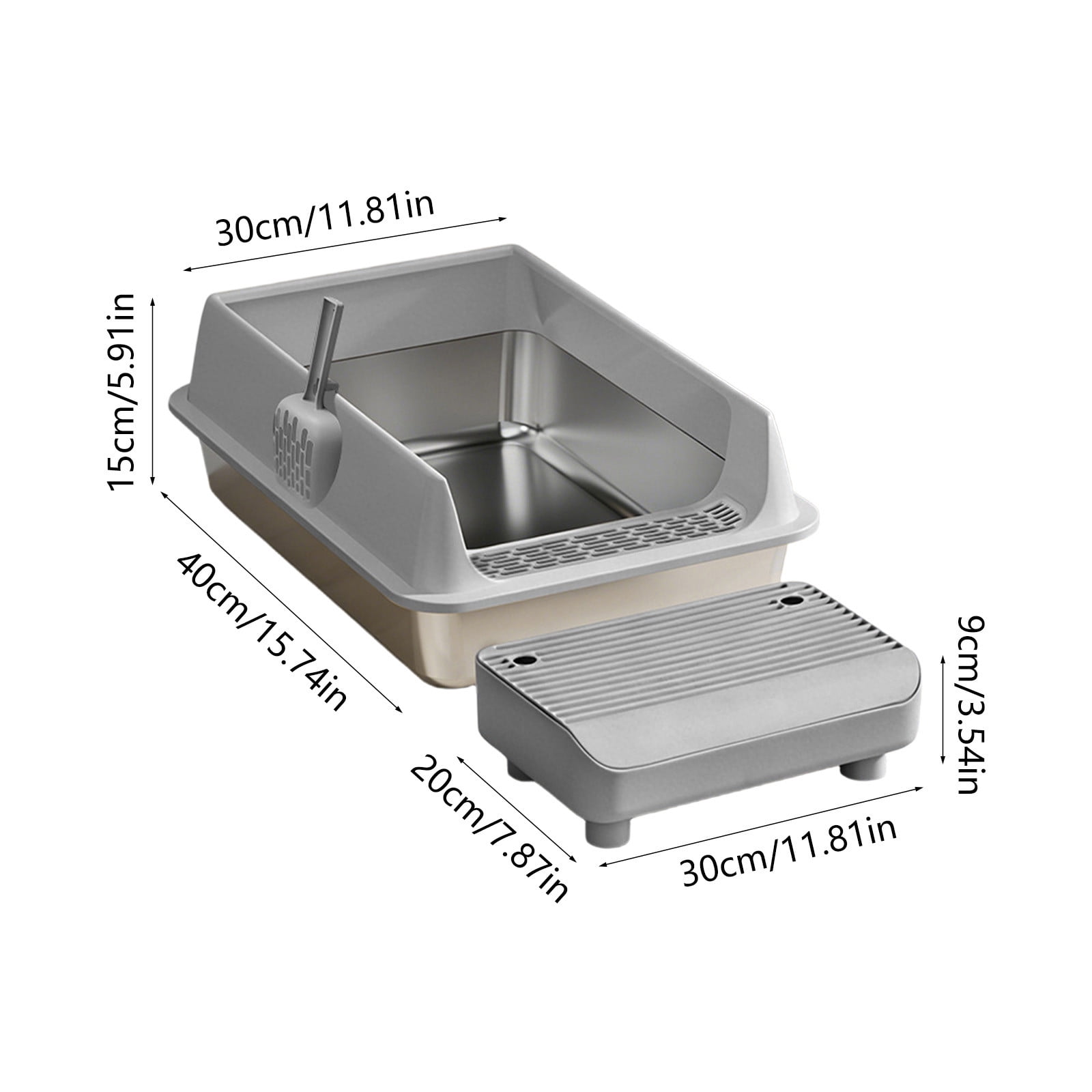Stainless Steel High Sided Cat Litter Box With Step Platform And Scoop, Odor Control Large Capacity Easy Clean Pet Toilet For Small Cats Durable Anti Leak Design