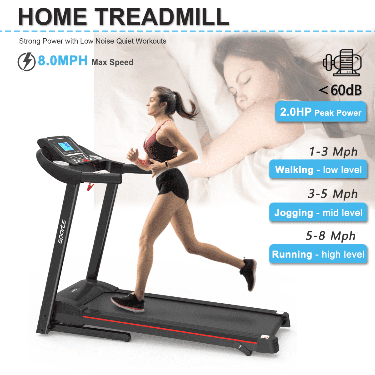 Fitshow App Home Foldable Treadmill with Incline, 250 LB Capacity, Bluetooth Music, 5" LCD Screen, Hydraulic Folding for Easy Storage, 12 Workout Programs