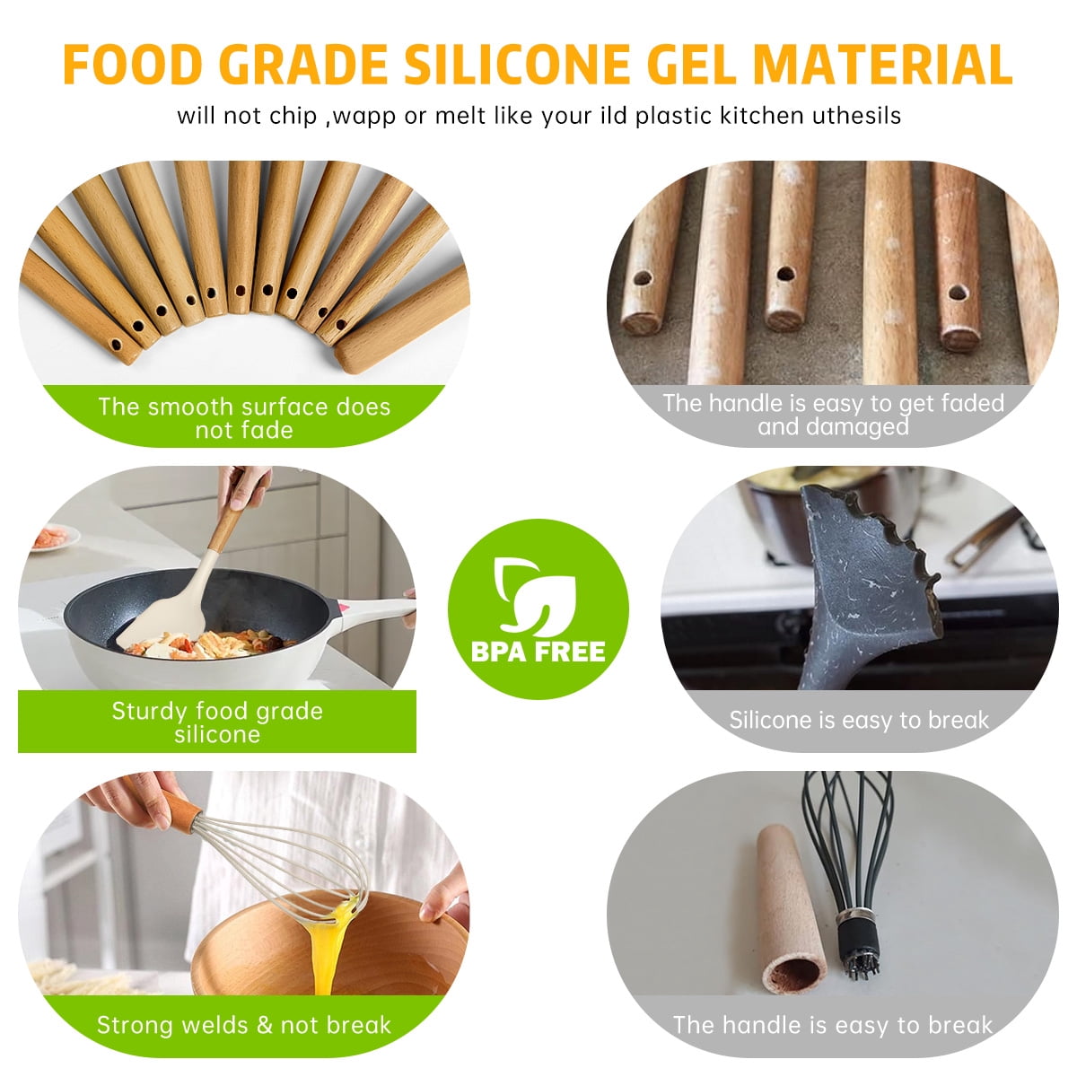 GPED 29 Pcs Silicone Kitchen Utensil Set, Cooking Utensils Set with Wooden Handle, Food Grade Silicone Spatula Set, BPA-Free, 446°F Heat Resistant Kitchen Gadgets Tools Set, White