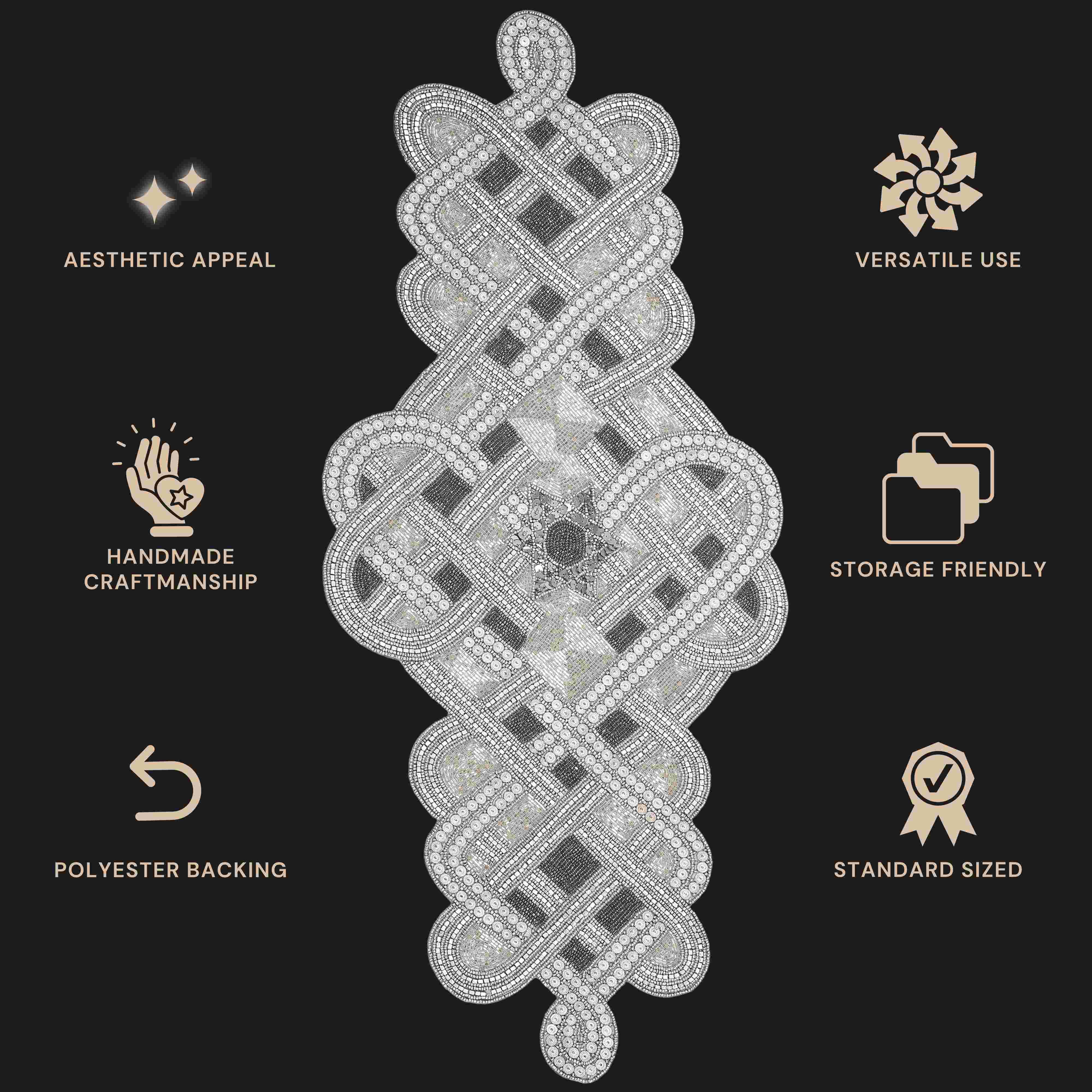 Handmade Floral Decorative Glass Beaded Table Runner for Table Decor - Grey & Silver (36x13in)