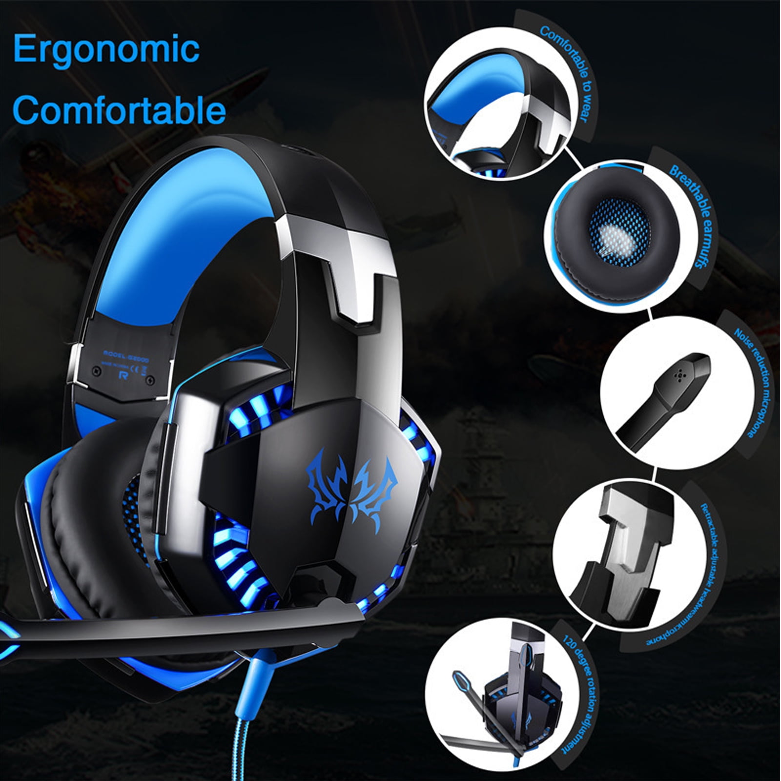 Stereo Gaming Headset for PS4, PS5, Xbox One, Xbox Series X|S, PC, Nintendo Switch, 3.5mm Wired Headphones with LED Light, Noise Cancelling Microphone, 50mm Drivers