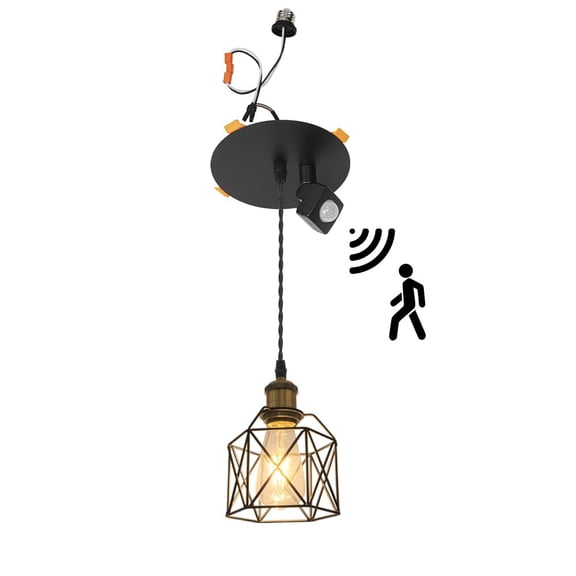 KAYYELAMP Black Cage Shade Gold Base Motion Sensor Recessed Light Conversion Kit For E26 Recessed Mount Cans Pendant Industrial Style Ideal For Entrance Stairs 1Pcs