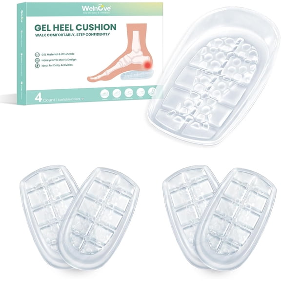 Welnove Heel Cups - Honeycomb Gel Heel Pads for Plantar Fasciitis, Achilles Tendonitis Heel Spur Pain Relief - Washable, 2 Pairs, Size L