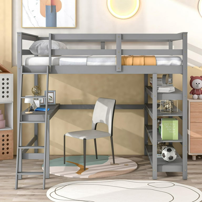 Full bed with desk underneath outlet