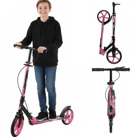 Readrun Adult Kick Scooter, Foldable Design with 9-Inch Wheels, Adjustable 3-Level Handlebar, Max Load 220 lbs, Pink