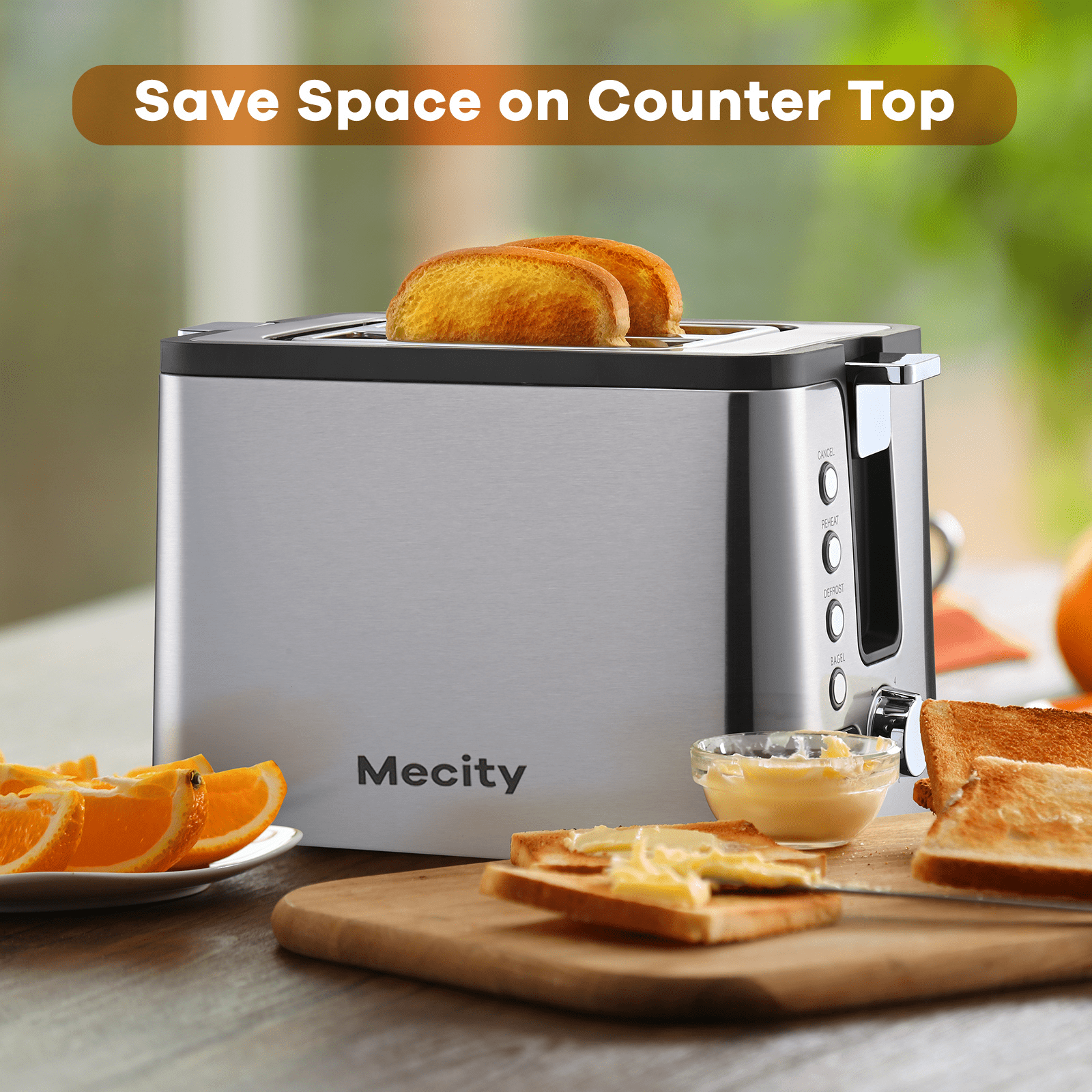 Mecity 2-Slice Stainless Steel Toaster with 6 Browning Settings, Extra Wide Slots, Bagel, Defrost, Reheat, Cancel, Countdown Timer, Warming Rack, Silver