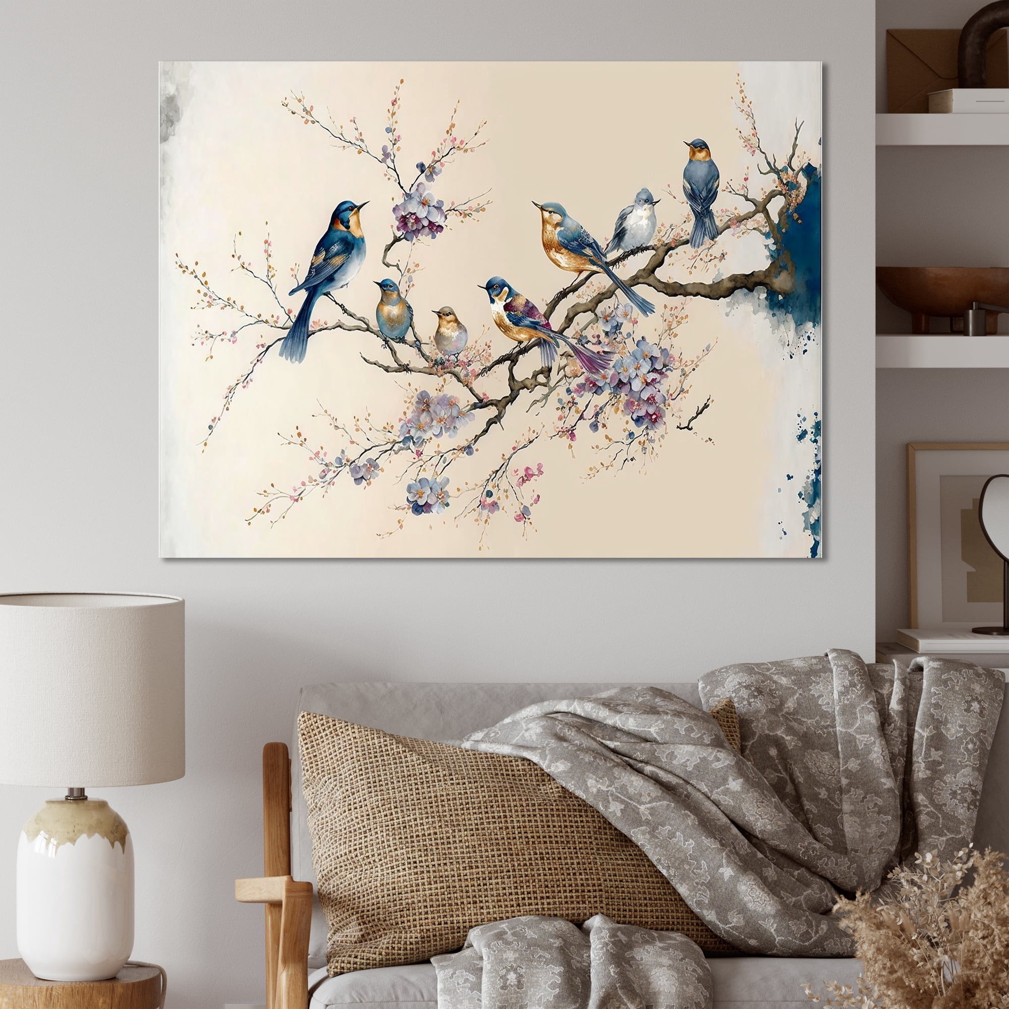 Designart Multicolor Birds On Plum Blossoms Tree XI Canvas Wall Art