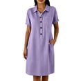 thumbnail image 1 of Ayolanni Fitted Waist Summer Dresses for Women 2026 V-Neck Solid Short Sleeve Midi Shirt Dress Flowy Work Button Up Cotton Linen Casual Sundress with Pockets Purple XXL, 1 of 3