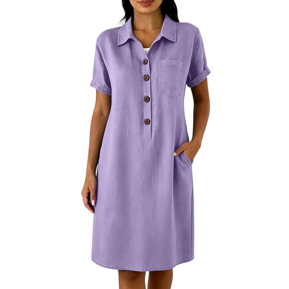 SAWOBUUN Womens Casual Shirt Dress Short Sleeve Collared Button Midi Dress Loose Fit Tunic Sundress with Chest Pocket