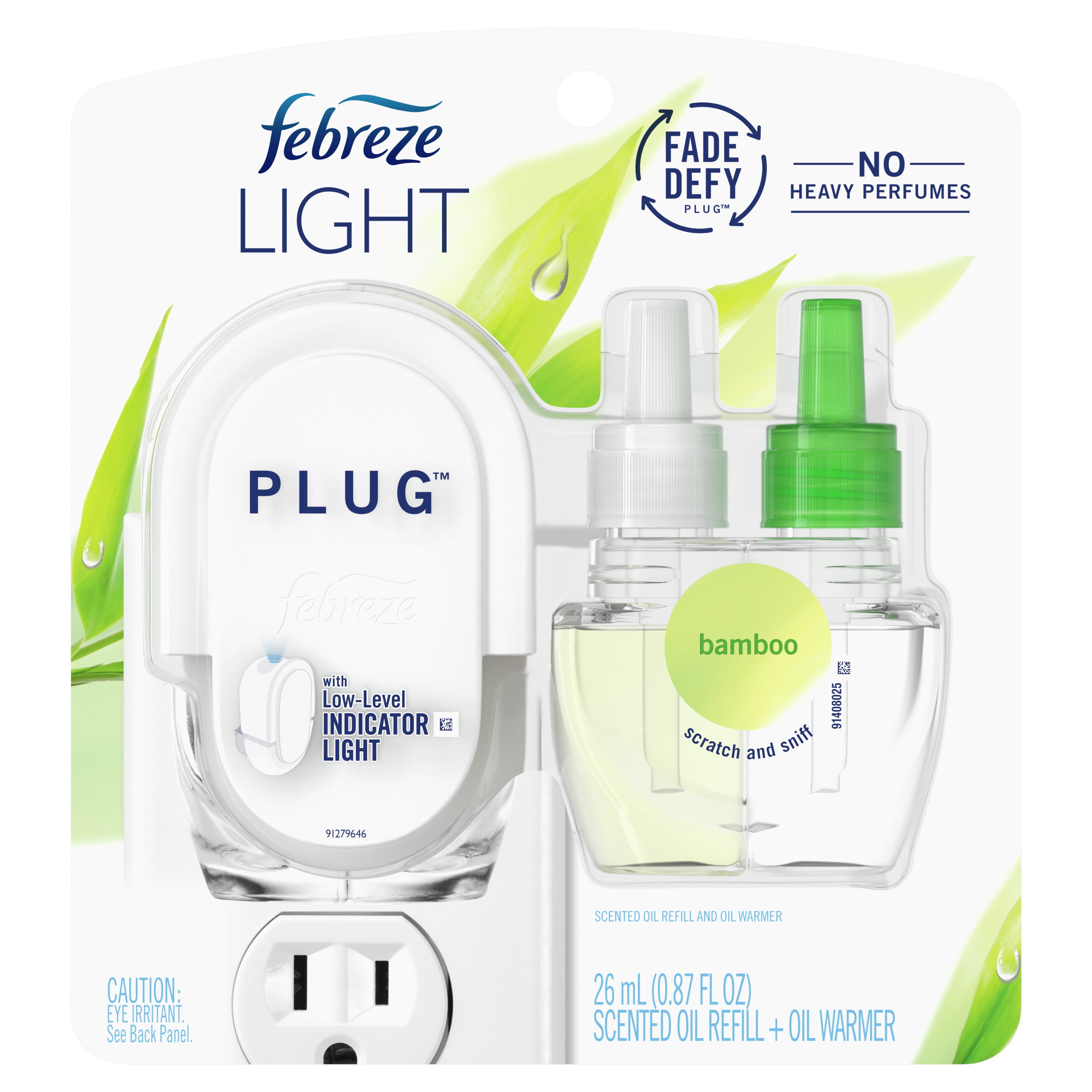 Febreze LIGHT Fade Defy PLUG Air Freshener, Bamboo, Starter Kit & (1) .87 fl. Oz. Single Oil Refill