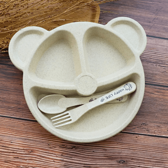 Kids Plate Set Bear-Shaped 3 Sectioned Compartments Wheat-Straw Material with Spoon and Fork, Beige