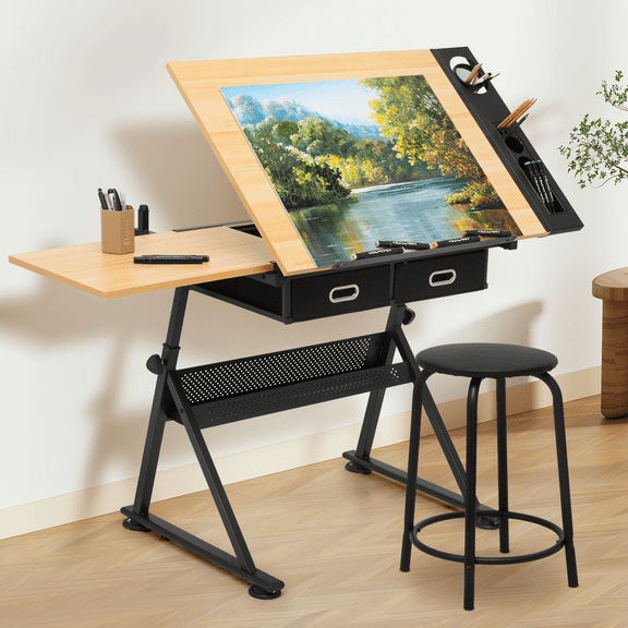 MoNiBloom Draft Desk Drawing Table with Stool Set, Height Adjustable Desk Tiltable & Slide-Out Tabletop with Side Trays & Drawer for Reading Writing Art Craft Work Station, Natural