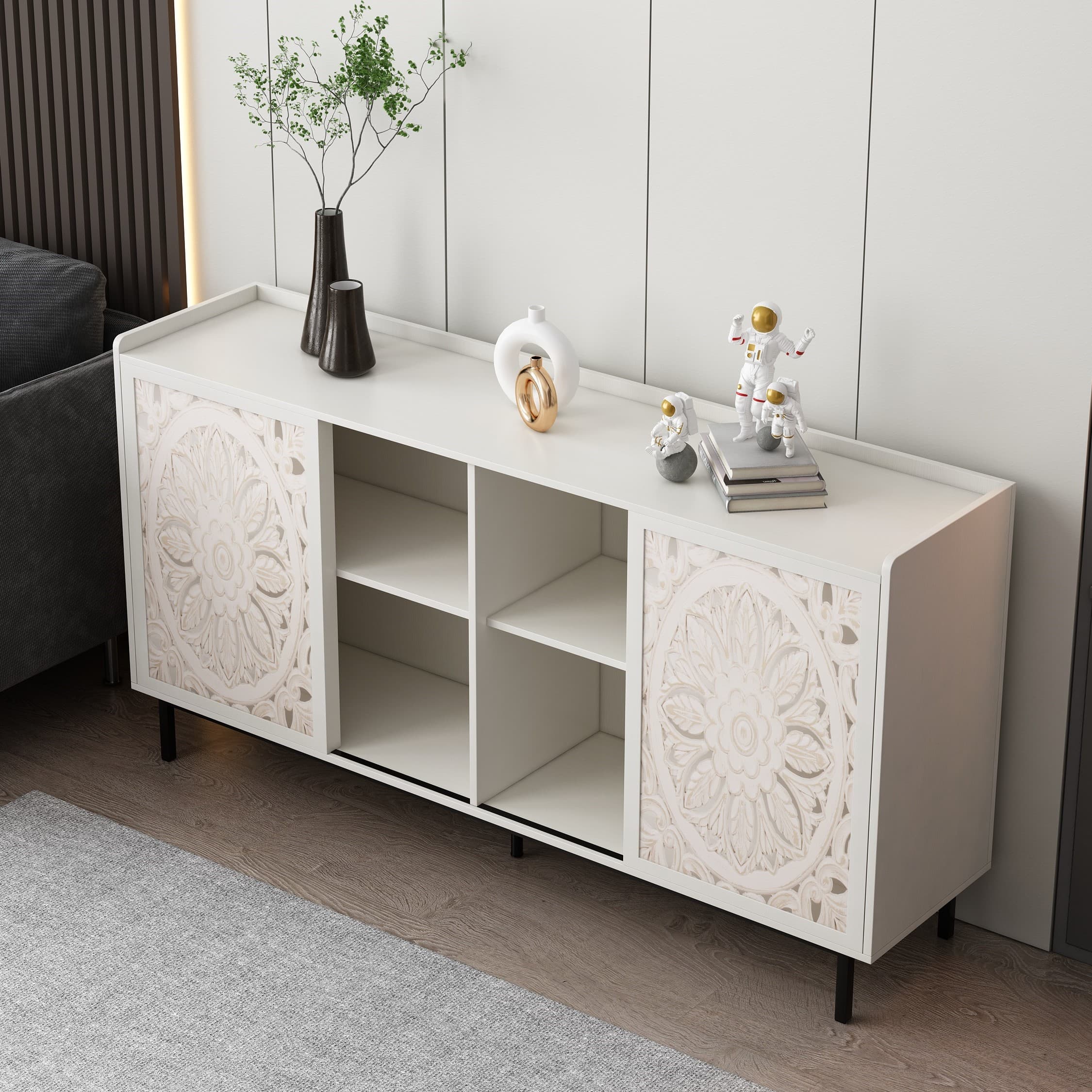 Aukfa Accent Cabinet with Carved Wood Design, Buffet Sideboard & TV Stand for Living Room, Dining Room,White
