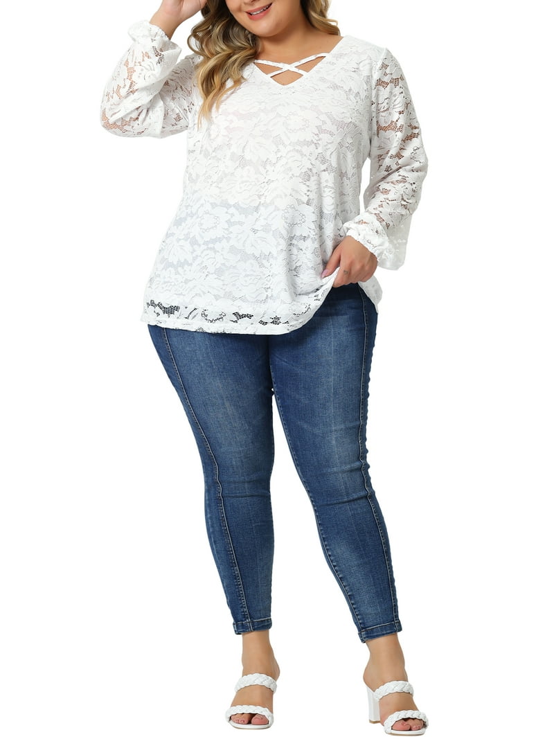 Unique Bargains Women's Plus Size Lace Blouse Sheer Elastic