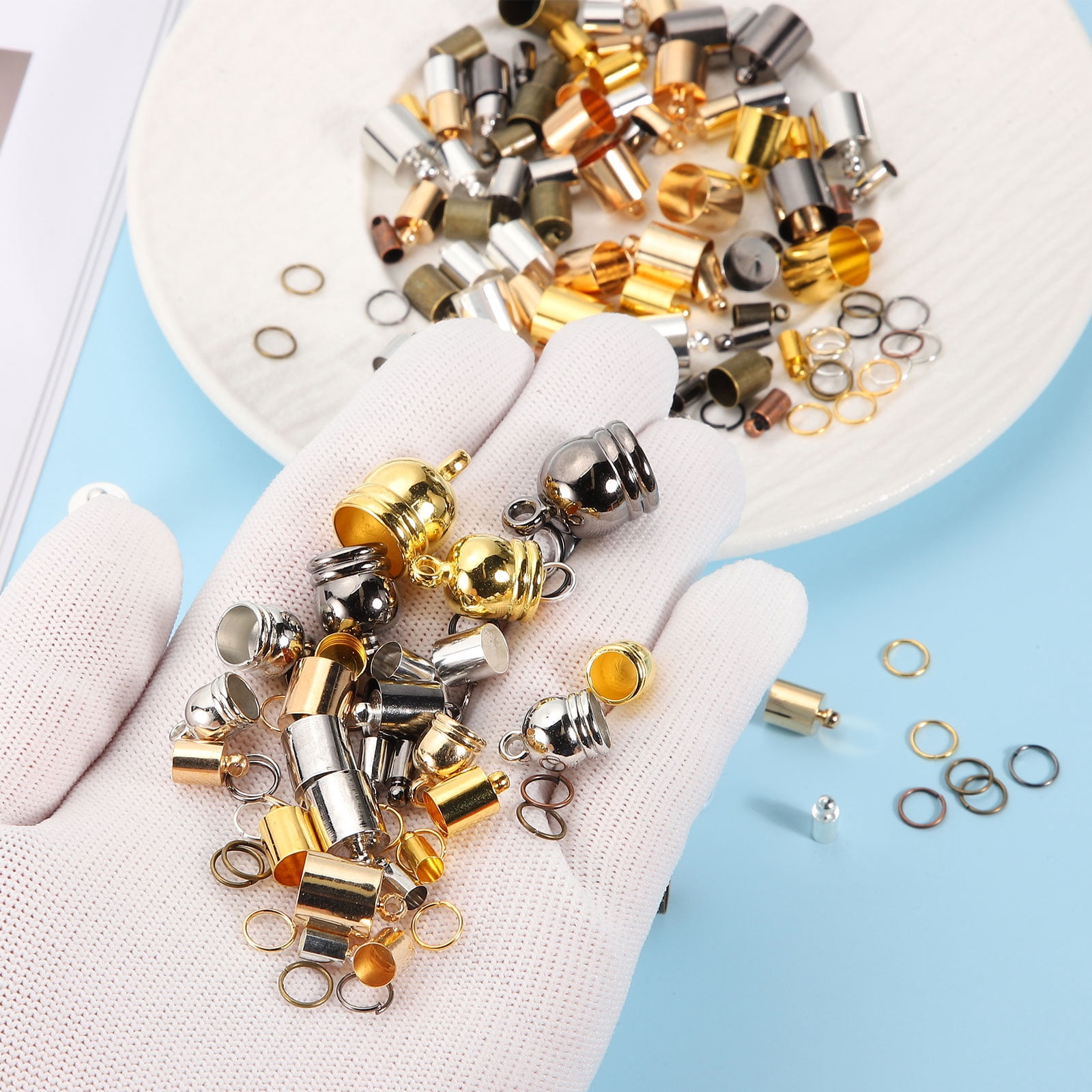 Uxcell 550Pcs Leather Cord End Caps, 4.8 to 11.8mm ID Tassel Barrel End Caps with Extender Chains and Jump Rings for Jewelry Making Findings DIY Bracelet Necklace, Mixed Colors Tone