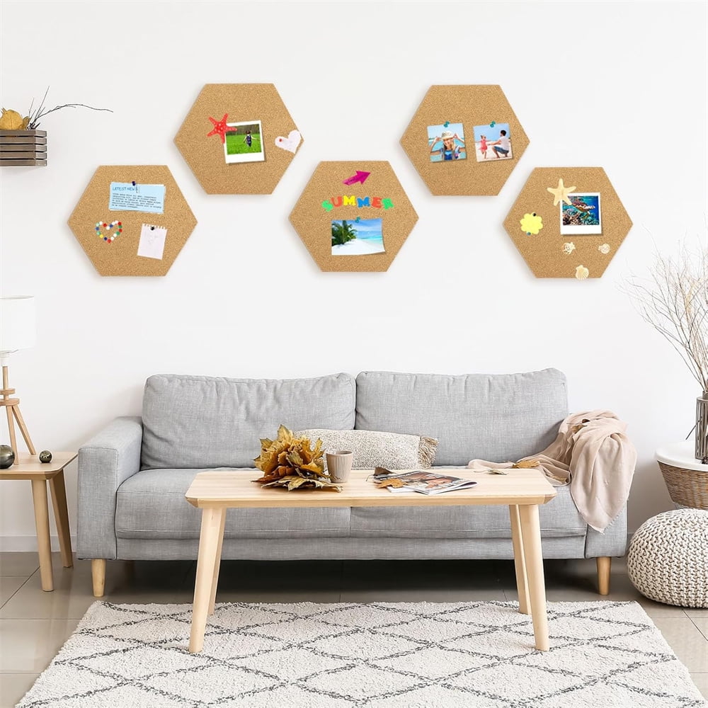 NOGIS Hexagon Cork Board Tiles Self Adhesive 6 Pack Small Corkboards for Wall 8" x 7"- 1/2" Thick Memo Boards -40 Push Pins Decorative Bulletin Board for Office