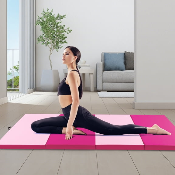 Spaco 4-Panel PU Leather Folding Exercise Mat with Carrying Handles-Hot Pink, Folding Thick Exercise with Carrying Handles for MMA, Gymnastics, Stretching, Core Workouts