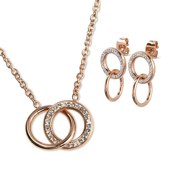 Set Juego de Joyería para Mujer con Zirconia Cúbica LuckyLy, Aretes y Collar de Acero Inoxidable, Modelo Amy rosa UNITALLA
