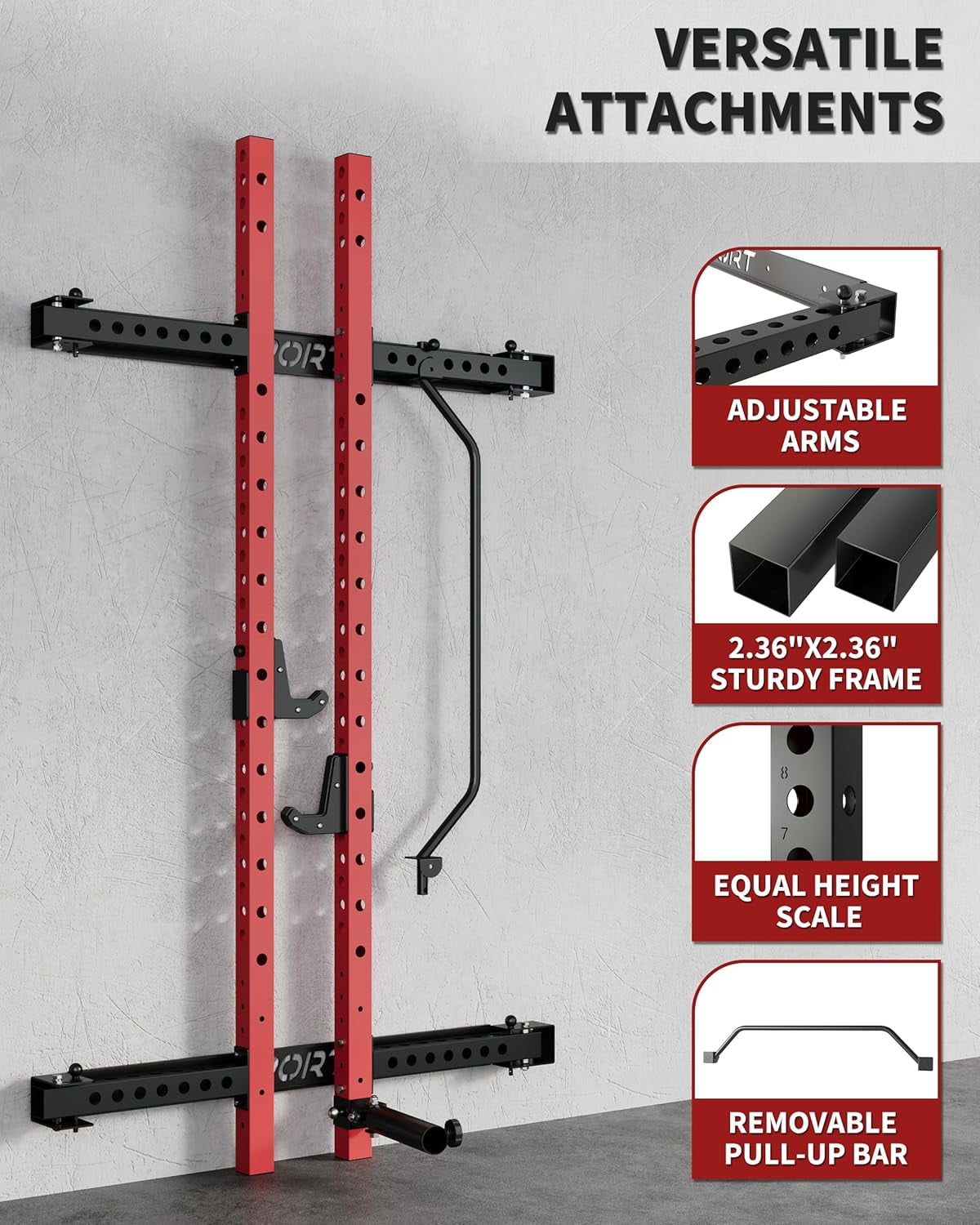 Folding Squat Rack for Home Gym, 1000 LBS Capacity Wall Mounted Squat Rack with Pull Up Bar, j Hooks, and 360° Landmine, 2.36" x 2.36" Foldable Squat Rack, Space-Saving Home Gym