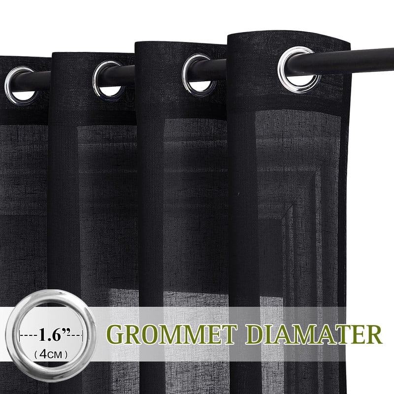 NICETOWN Black Sheer Curtains for Bedroom, Grommet Semi Sheer Linen Window Treatment Linen Weave Vertical Drapes Privacy with Light Filter for Kid's Room, 52"x63", 2 Panels