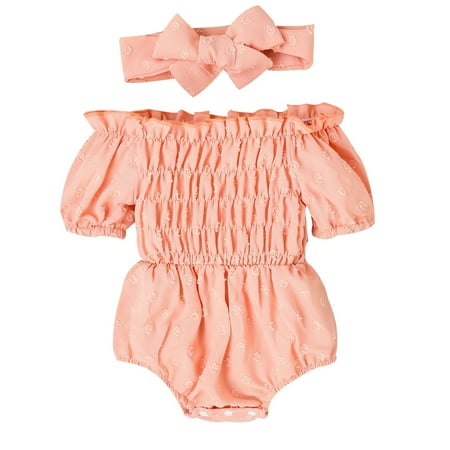 

Rovga Baby Girl Bodysuits Short Sleeve Solid Color Ruffle Lace Romper Bodysuits With Headbands Outfits