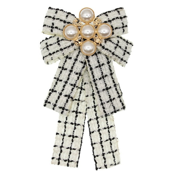 Women Vintage Elegant Plaid Striped Print Pre-Tied Neck Tie Brooch Imitation Pearl Jewelry Collar Ribbon Bow Tie Corsage