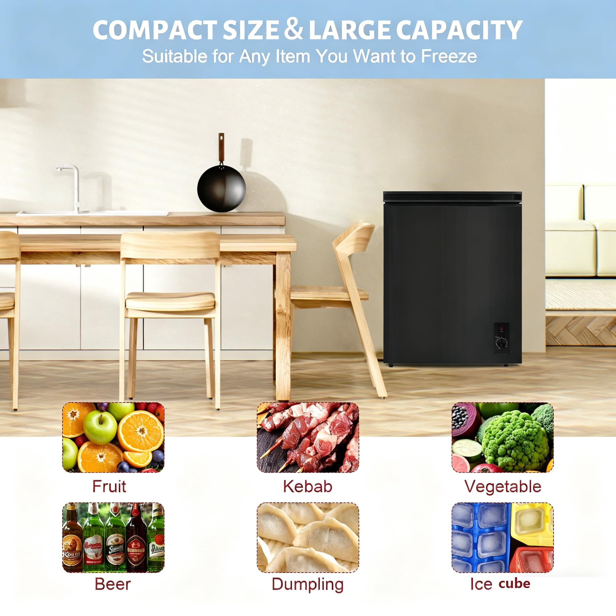 5.2 Cu.Ft Chest Freezer, Mini Deep Freezer with Removable Basket, Free Standing Compact Small Freezer Adjustable 6 Thermostat Quiet Small Deep Freezer Top Open Door for Dorm Home, Black