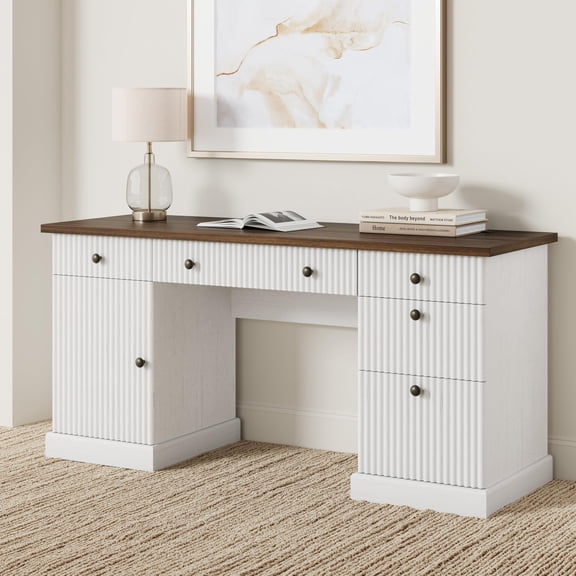 Walnut White Multi-port Charging Computer Desk
