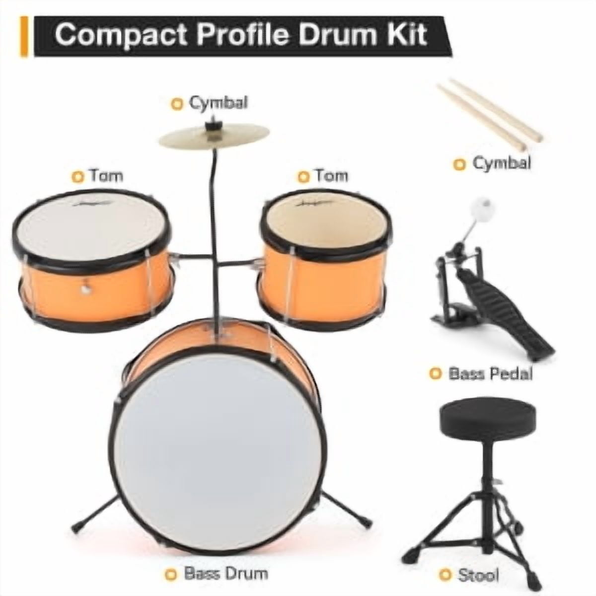 Huisuilinss 3 Piece Kids Drum Set with Cymbal, Beginner Junior Drum Sets with 14.76'' Bass Drum, Tom, Pedal, Drumsticks, Adjustable Seat, Drumset for Junior Boys and Girls