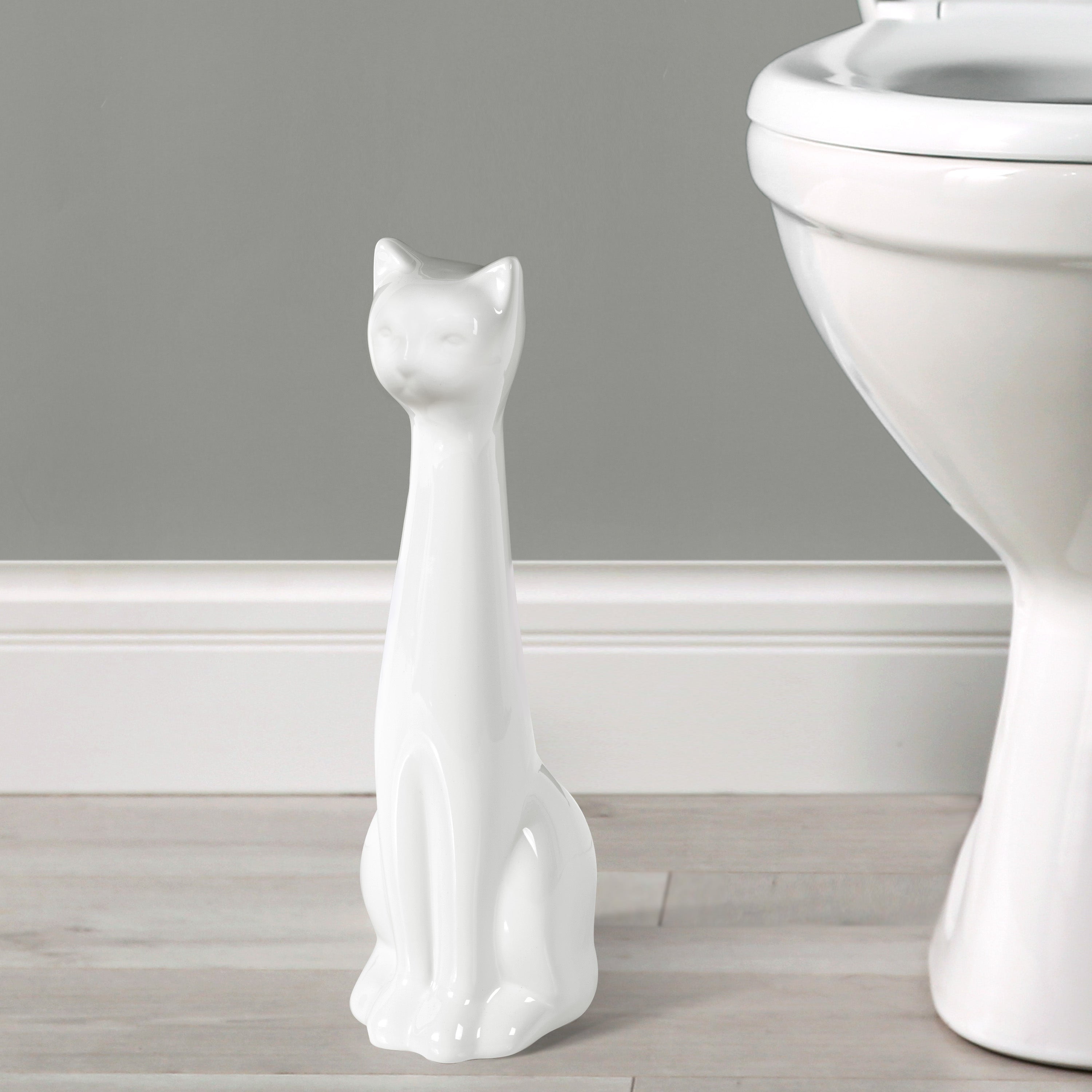 Allure Home Creations Ceramic Cat Bowl Toilet Brush Holder and Lotion Pump - White - Brush Included - 3PC Set