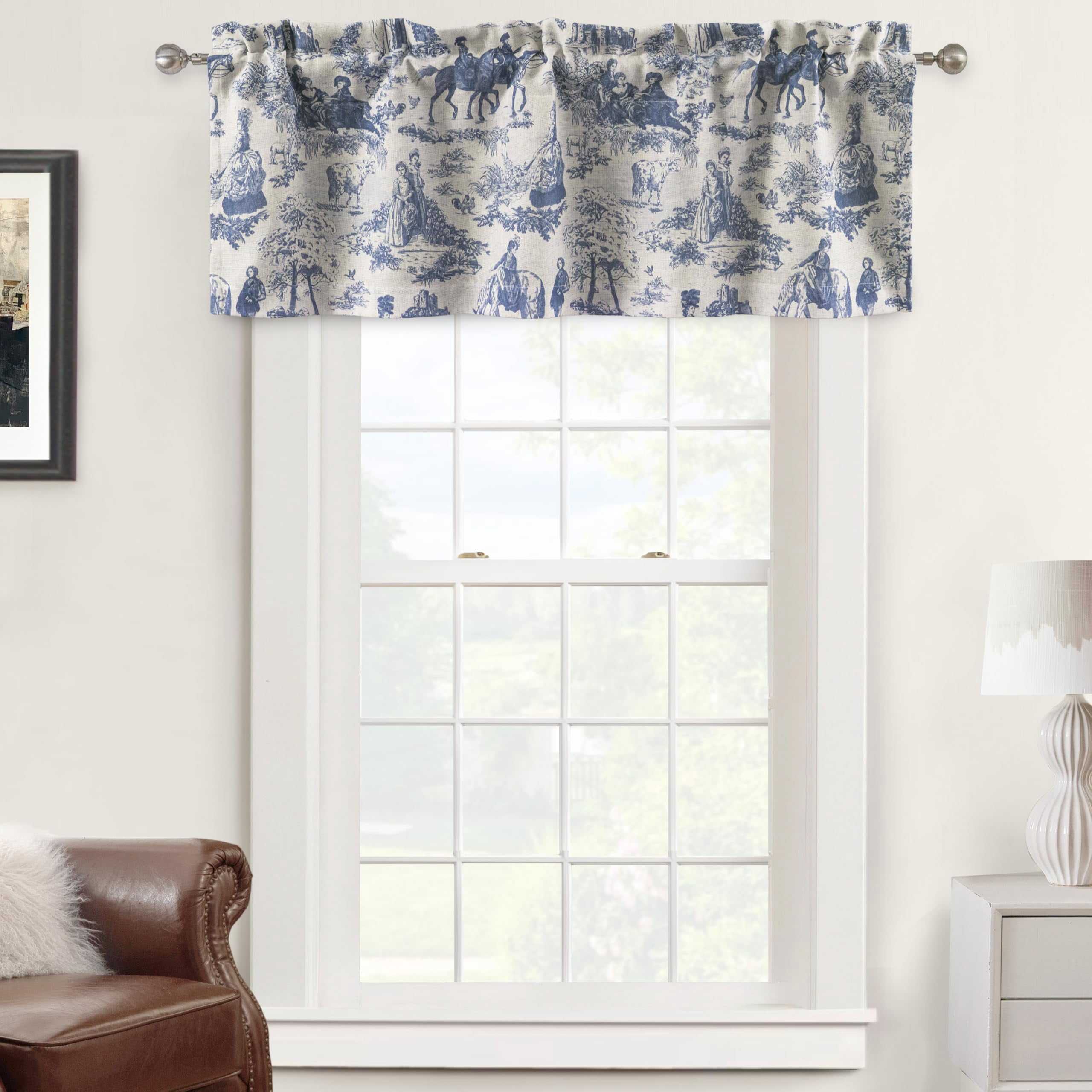 DriftAway Toile Linen Lined Valance Double Layer Thermal Room Darkening Blackout Window Valance Curtain for Kitchen Bathroom Farmhouse French Country Vintage Printed Pattern Single 52 x 18 Inch Navy