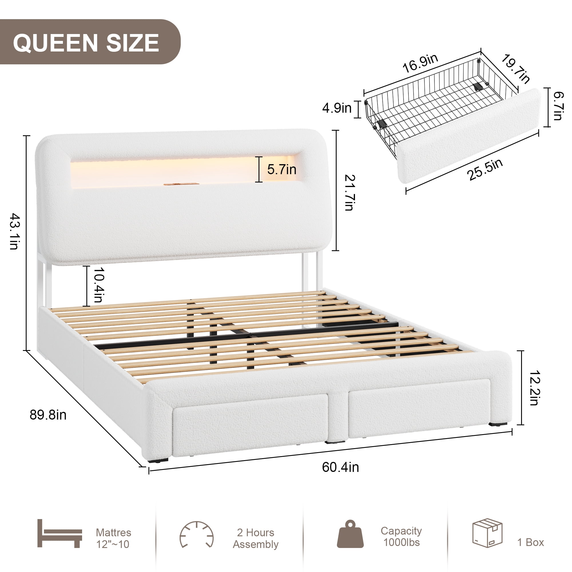 Miniyam Queen Bed with Storage Drawer, Sherpa Upholstered Headboard, LED Light & USB Charging for Adult