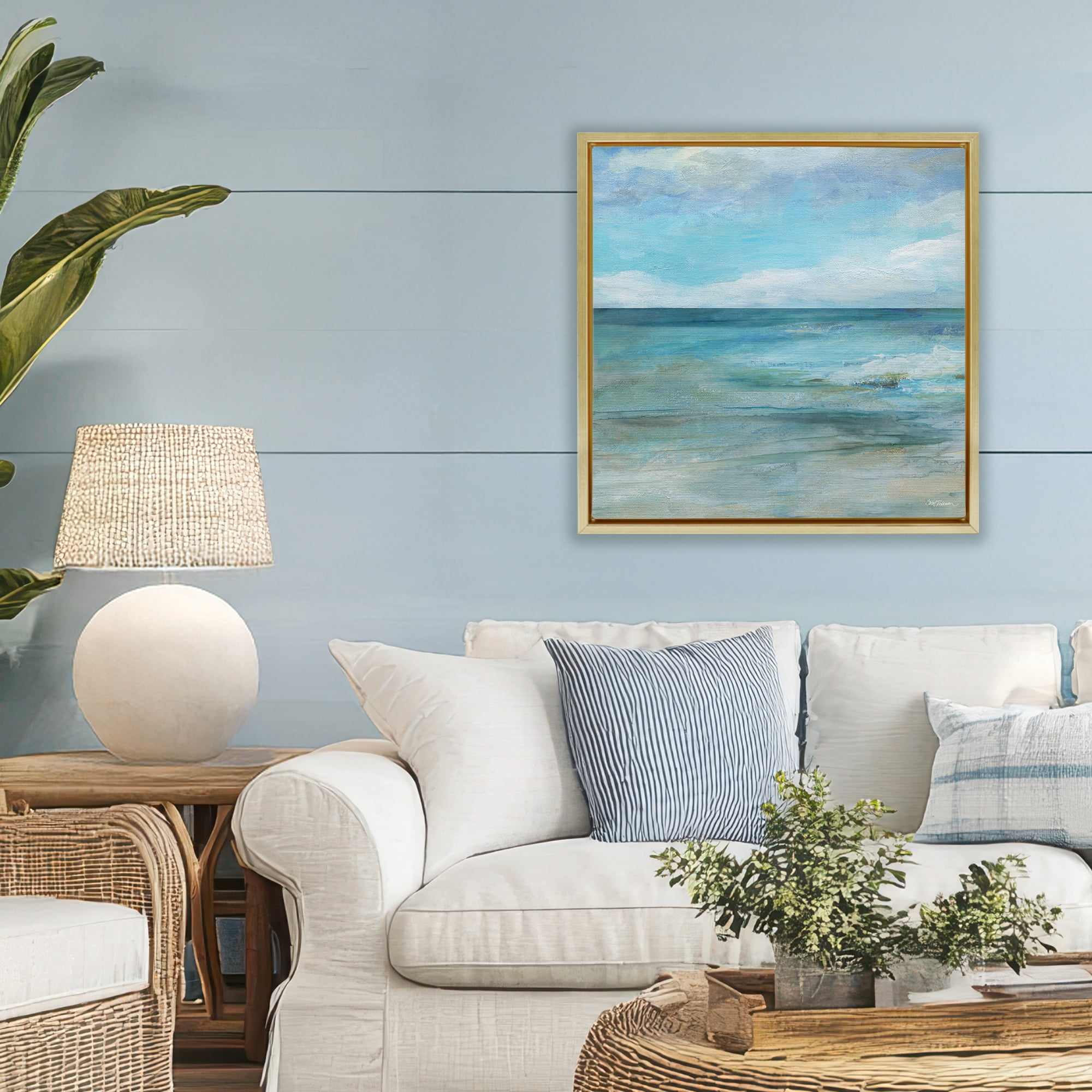 Stupell Industries Aqua Ocean Horizon Abstract Gold Framed Floater Canvas Wall Art, design by Carol Robinson