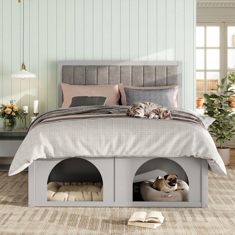 Queen Size Pet-Friendly Platform Bed with Under-Bed Pet Nooks, Heavy Duty Wooden Storage Bed Frame with Padded Headboard