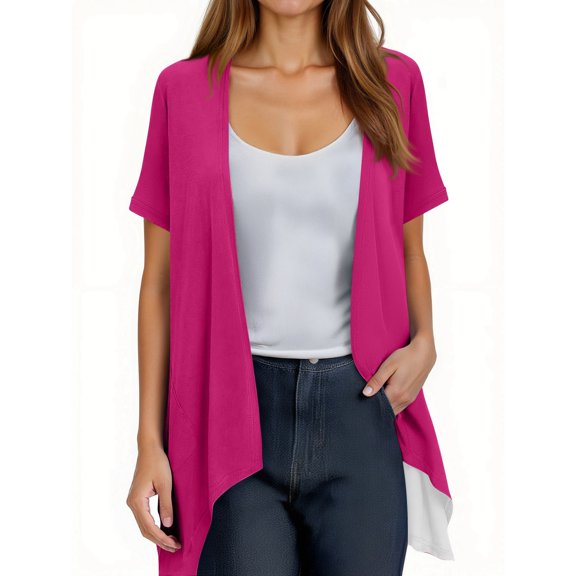 Evdexr Long Cardigans Women Lightweight Open Front Short Sleeve Kimono Cardigans Summer Thin Dressy Cardigan Sweaters Flowy Loose High Low Cover Ups Hot Pink XL