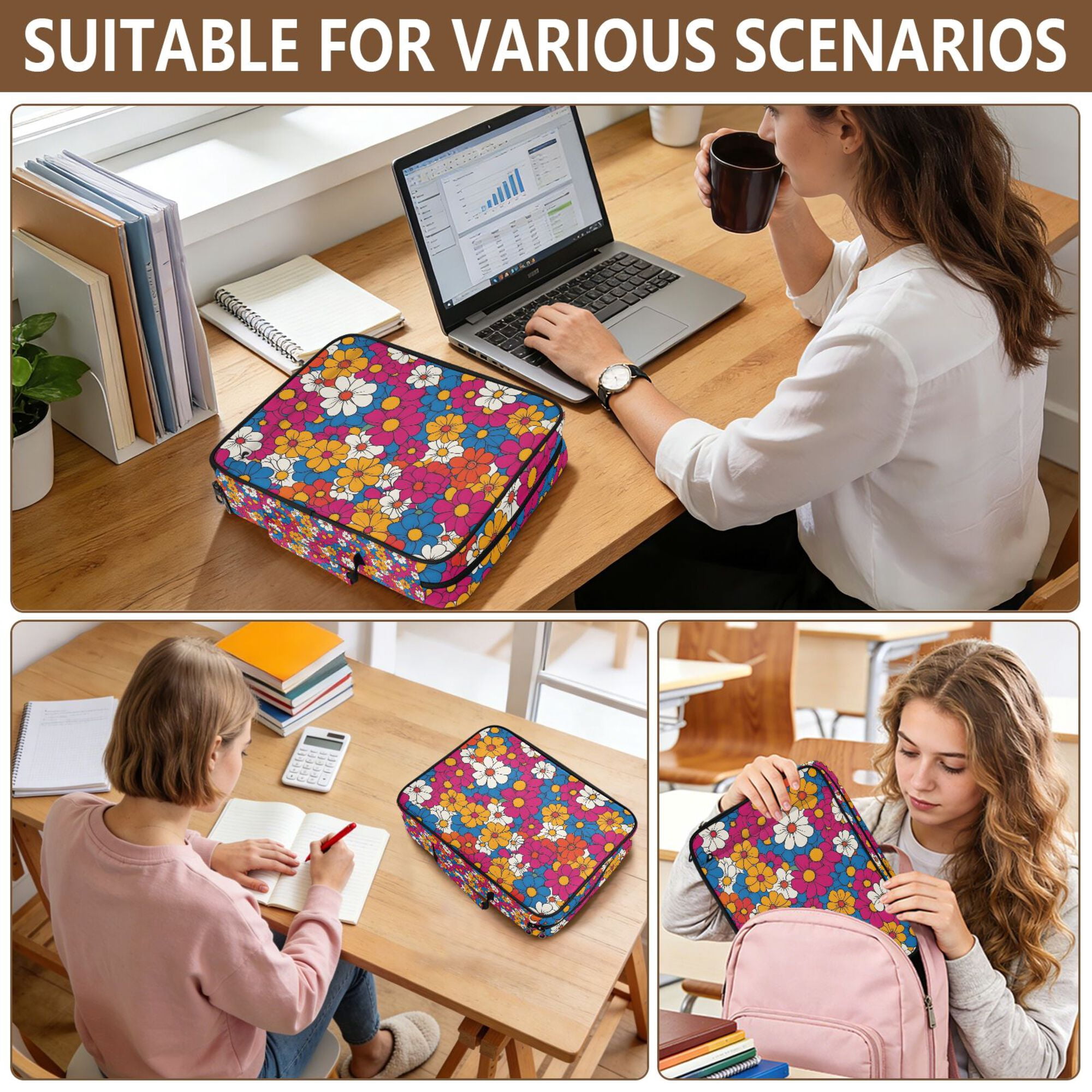 FORMRS Accordion File Folder A4 Size 7-Pocket Expanding Document Organizer Bag with 3 Ring Binder, Red Whimsical Floral