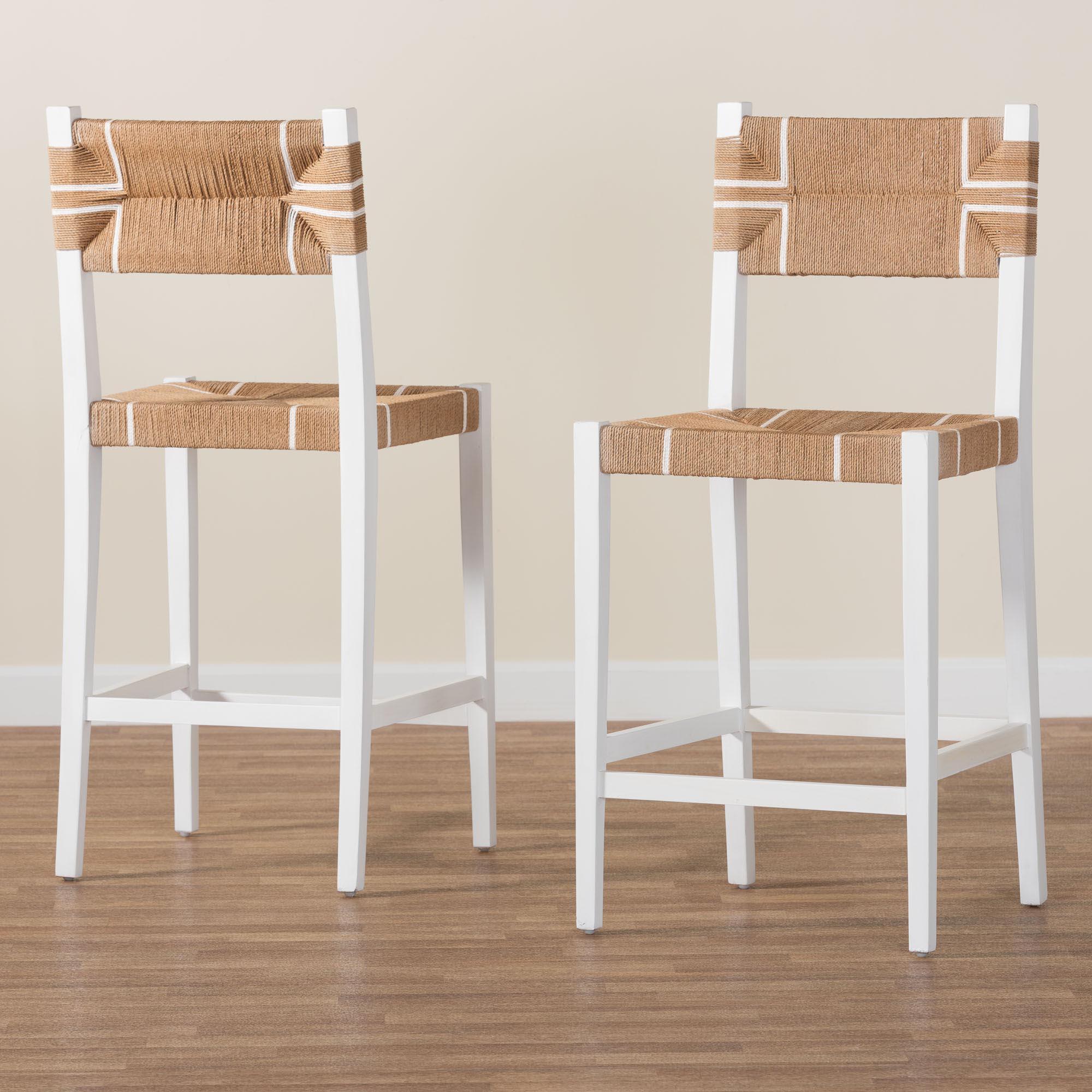 bali & pari Talli Bohemian Paper Loom and White Mahogany Wood 2-Piece Bar Stool Set