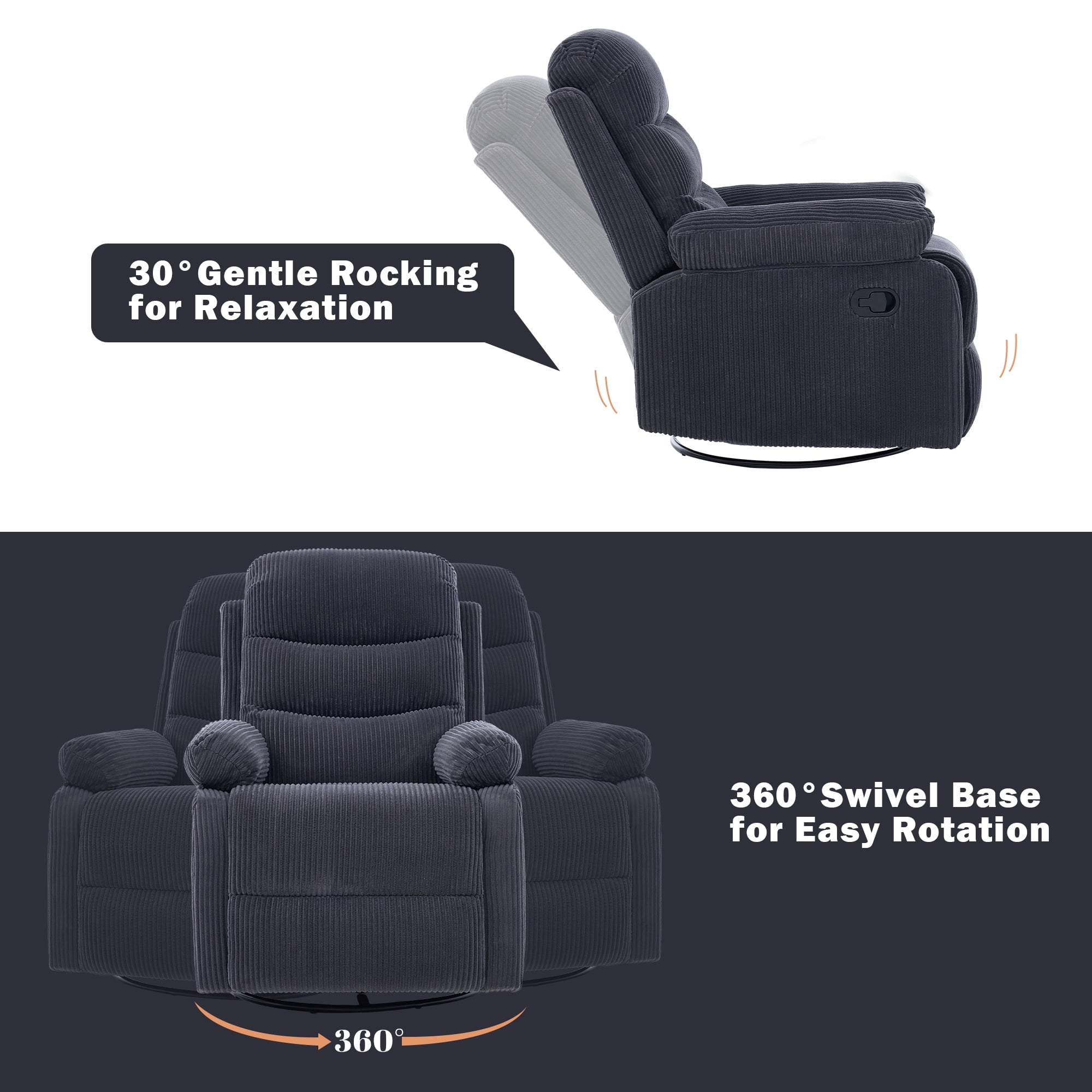 GAOHAPY Rocking Recliner Chair,Modern Swivel Glider Recliner Chair,Corduroy Fabric Upholstery Recliner,Manual Reclining Sofa Chair for Living Room,Office,Apartment,Dark Grey