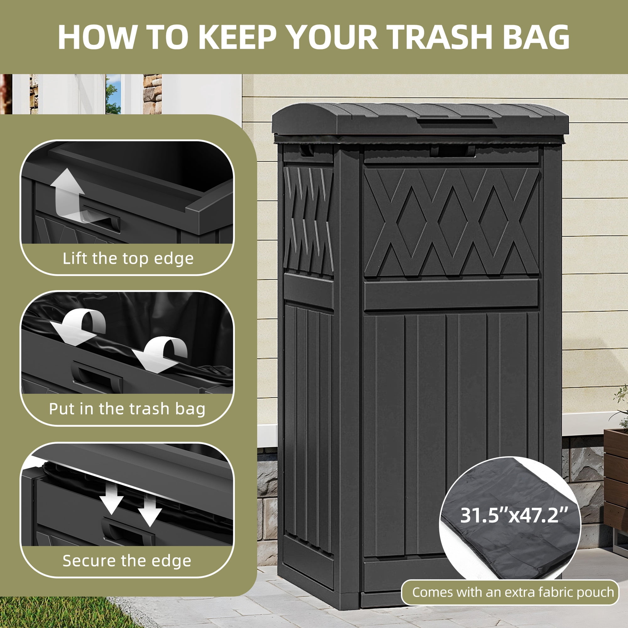 Uforic 32 Gallon Large Outdoor Trash Bin, Waterproof Garbage Can with Lid and Drip Tray for Porch, Backyard, Patio, Black