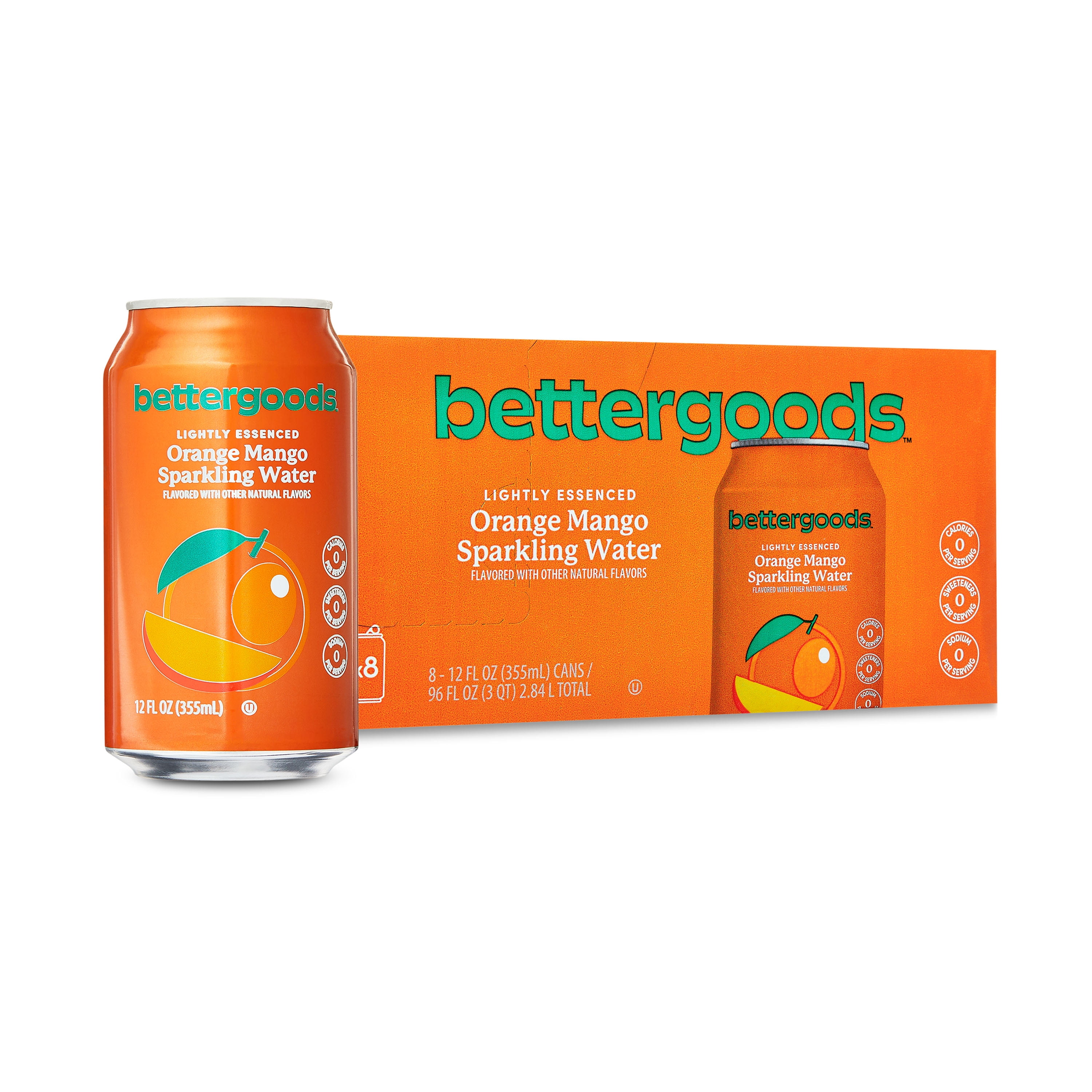 (3 pack) bettergoods Orange Mango Flavored Sparkling Water, 12 fl oz, 8 Cans