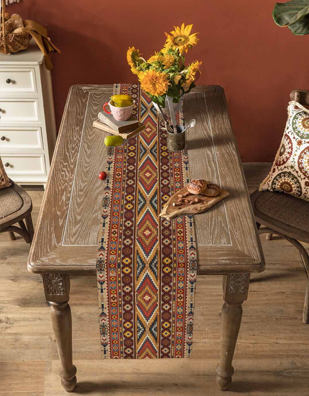 nqOlkjepod Brown Southwest Aztec Table Runner 72 Inches Long Farmhouse Dress Scarves, Farmhouse Vintage Geometric Dining Tablerunner for Coffee Table/Kitchen Island/Party Décor, 18" x 72"