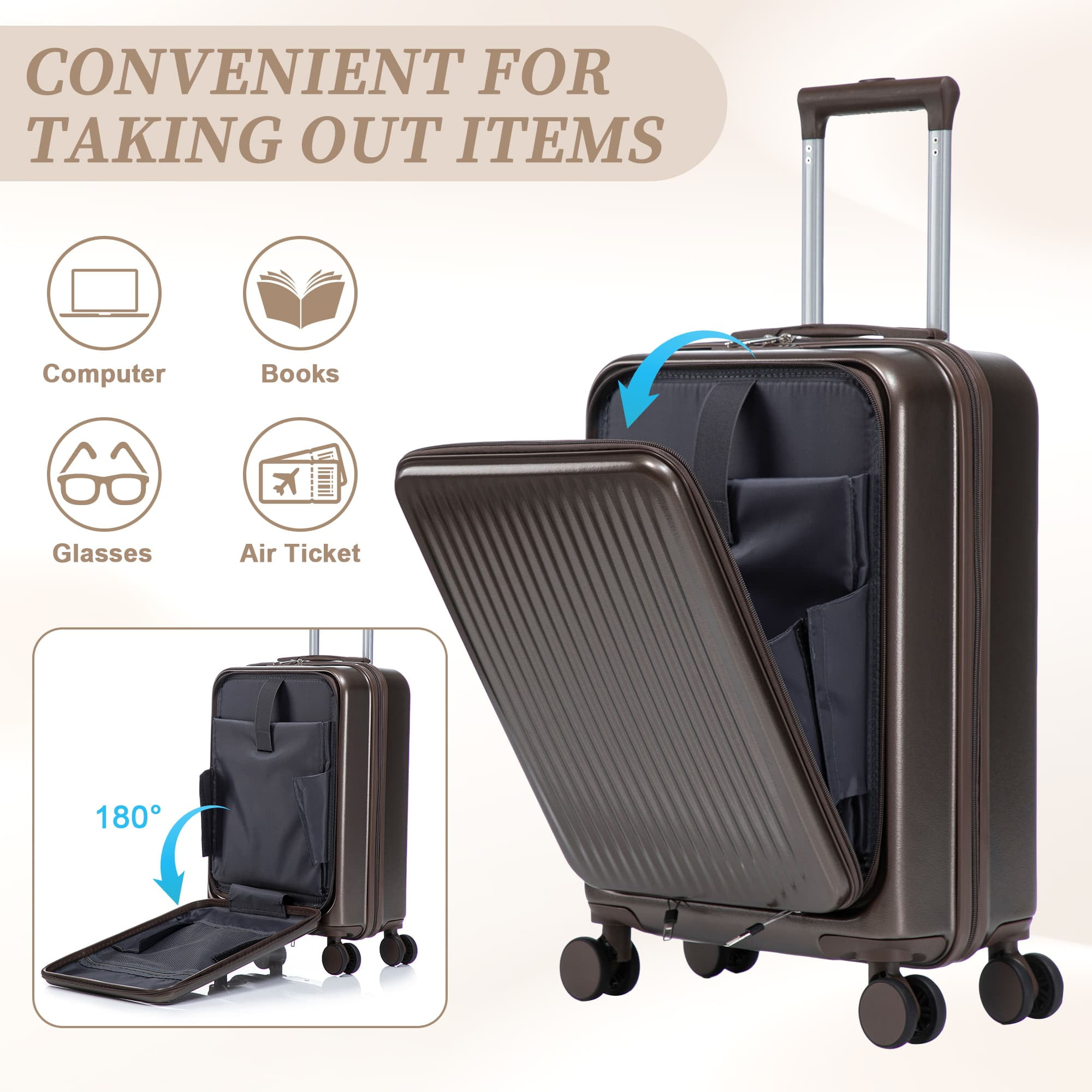 Leumius 2 Piece in ABS Spinner WheelLuggage Sets, HardsideSuitcase with CombinationLock,20 inch Carry OnLuggage 14 inch CosmeticCase,Brown