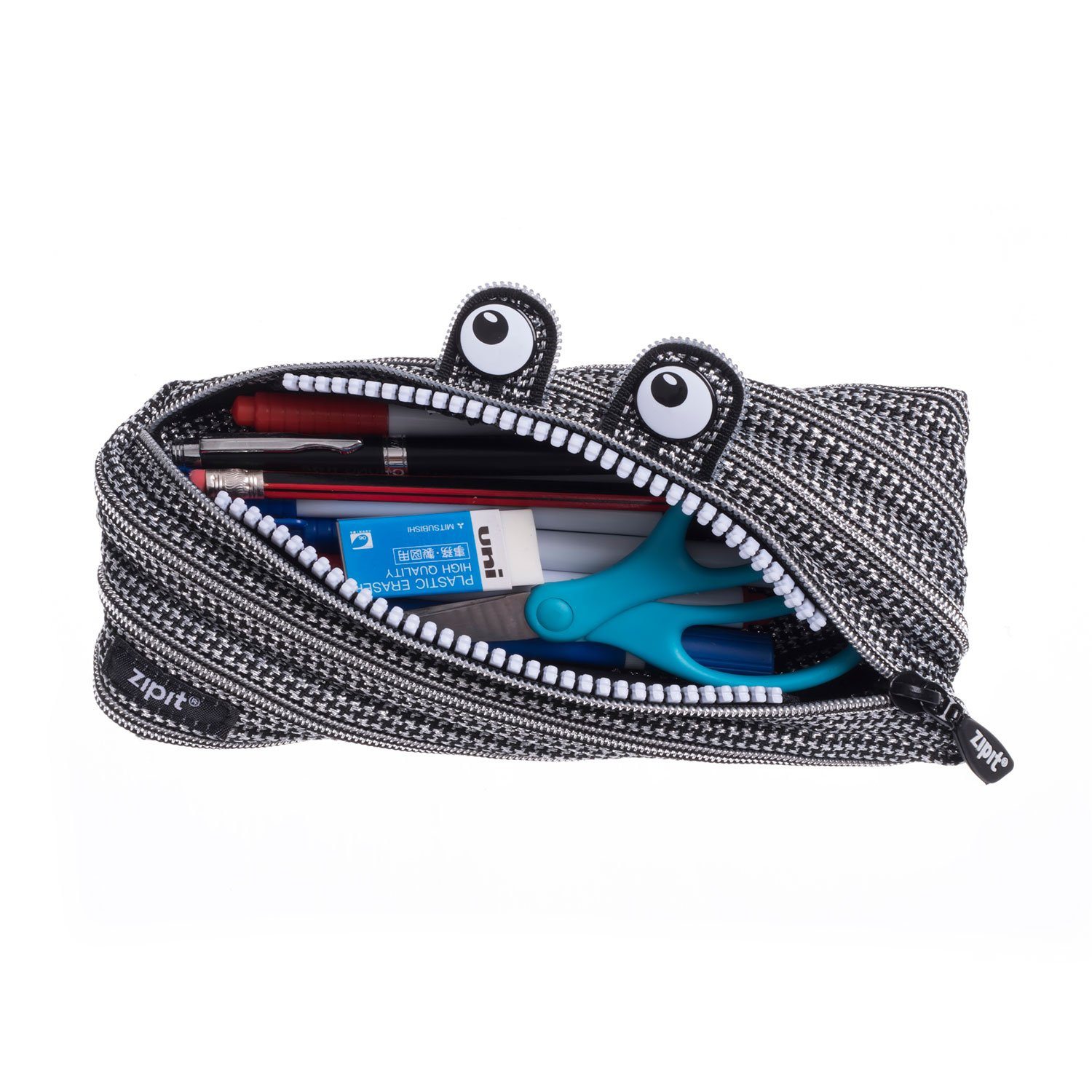 ZIPIT Monster Pencil Case for Kids, Large Capacity Cute Pencil Pouch, Black & Silver
