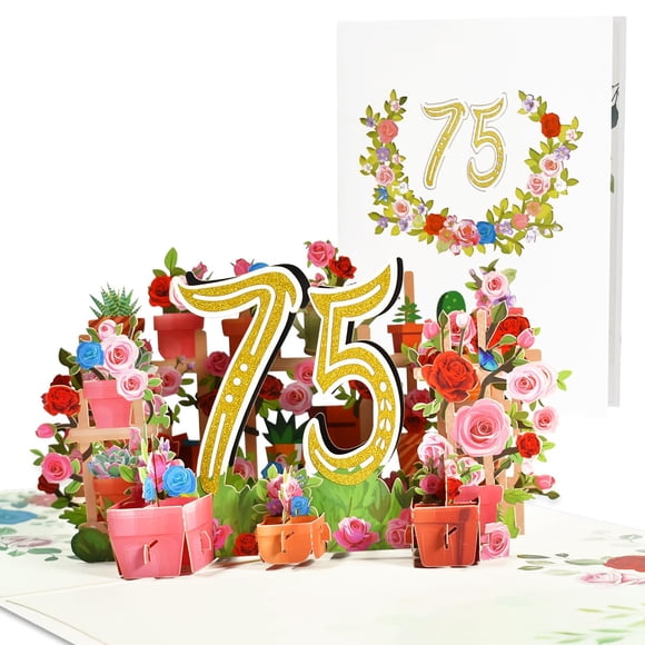 Tarjeta de cumpleaños CNLITIHEKA 75.º pop-up 3D con flores