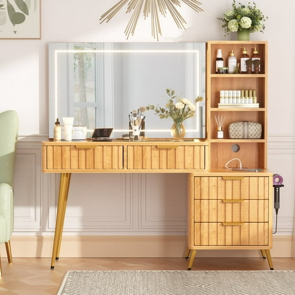 47.6" Makeup Vanity Table with HD 36" LED Mirror & 3 Color Lights Metal Bracket Fluted Vanity Desk with 5 Storage Drawers Modern Dressing Table Set for Bedroom